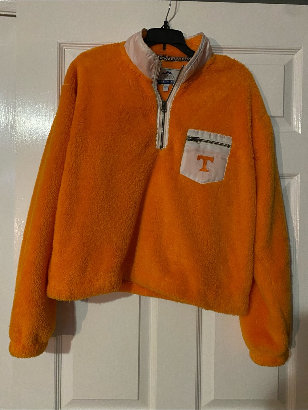 Womens Orange Fleece Pullover Jacket with Contrast Pocket